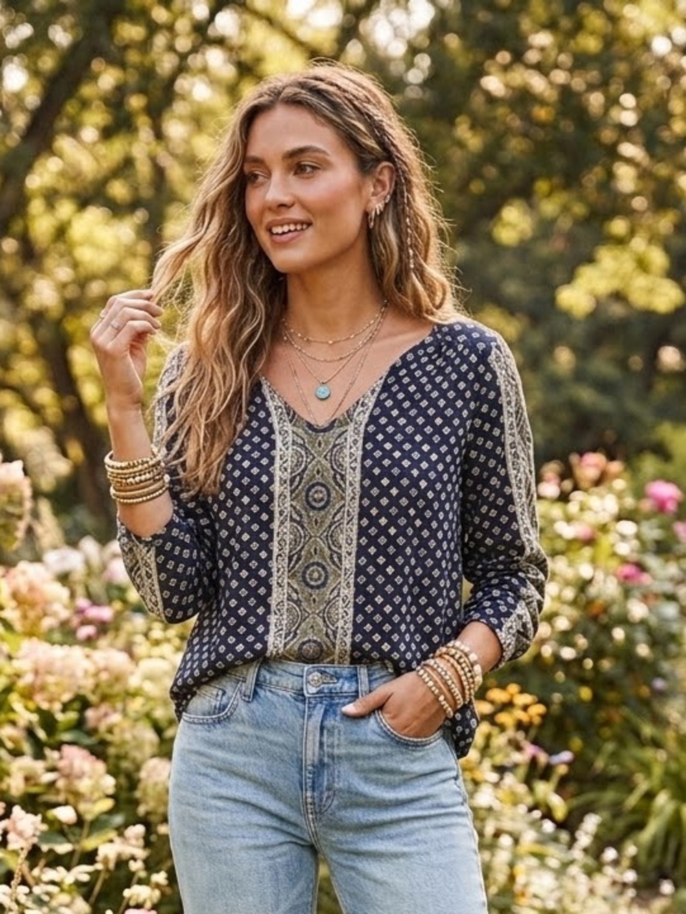 Lucky Brand Navy Indigo Patterned V-Neck Long Sleeve Tunic